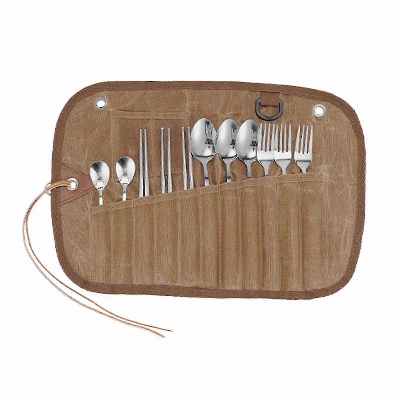 Canvas Pouch for Storing Outdoor Tableware and Cookware with Cutlery Roll Organization