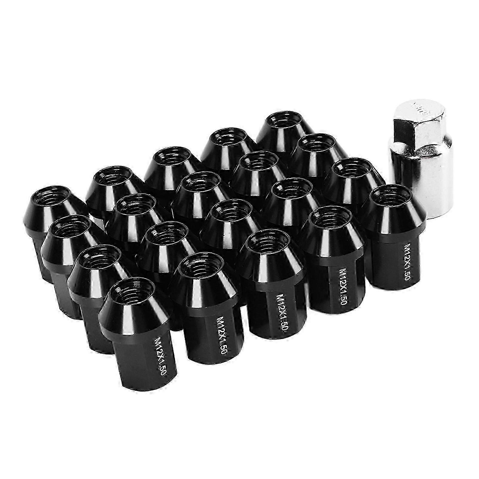 20pcs Universal M12x1.5 Racing Wheels Rims Lug Nuts 90mm Aluminium Alloy Spiked Nuts with Socket KeyBlack