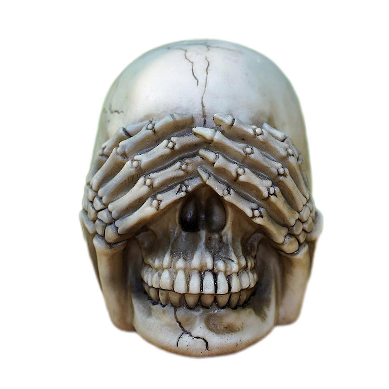 Jikaixiang Halloween Skull Figurine See Speak Hear No Evil Resin Skeleton Head Realistic Human Skull Model Statue for Bar Home Table Decor