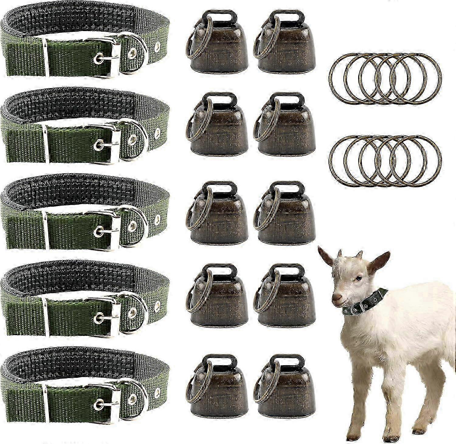 Goat Collars with Bells, 5 Pcs Adjustable Nylon Sheep Collar with 10 Pcs miao4