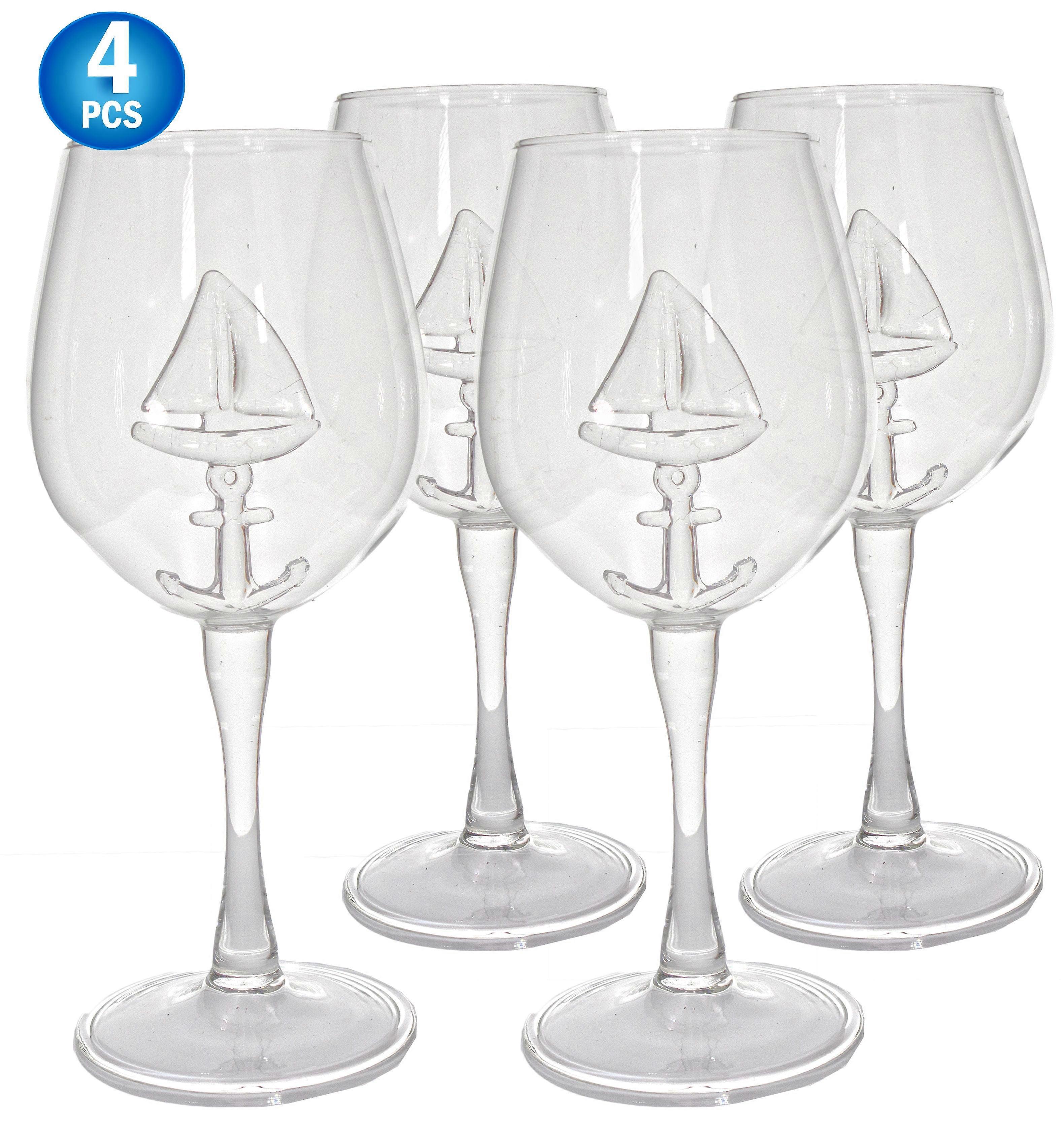 Sail Boat Wine Glass 4 PC SET 350ml - 3D Sailboat & Anchor Design, Unique Nautical Stemware for Sailing Lovers
