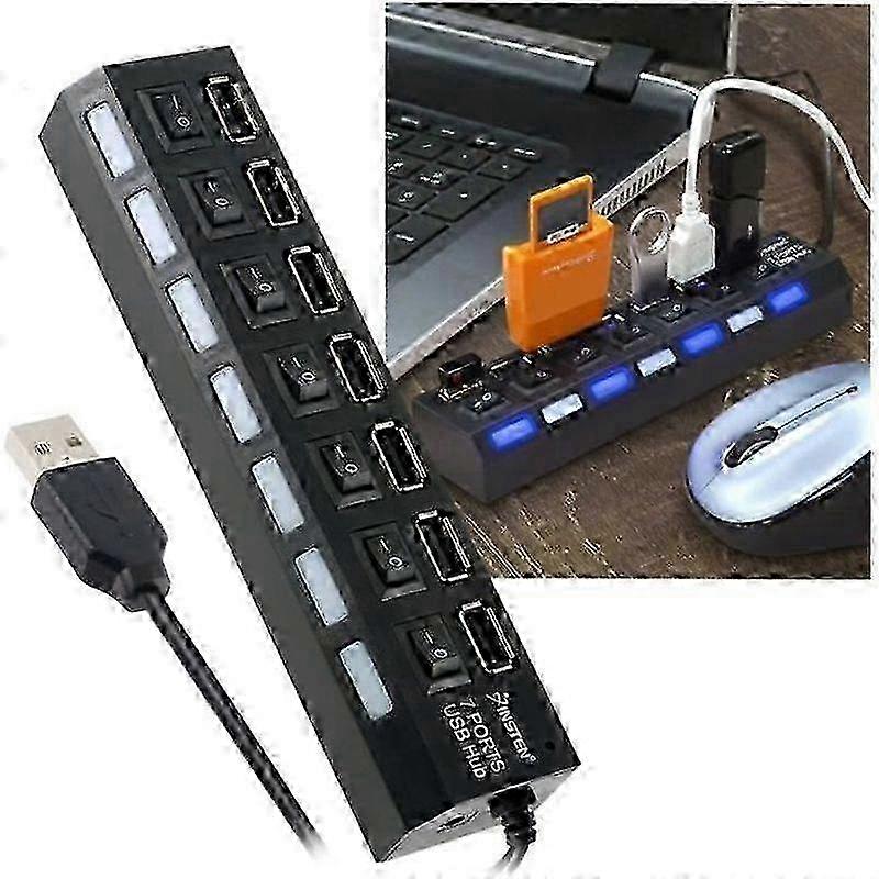 INSTEN - 7 Port USB 20 Power Strip Hub - High Speed - On/Off Buttons - Black