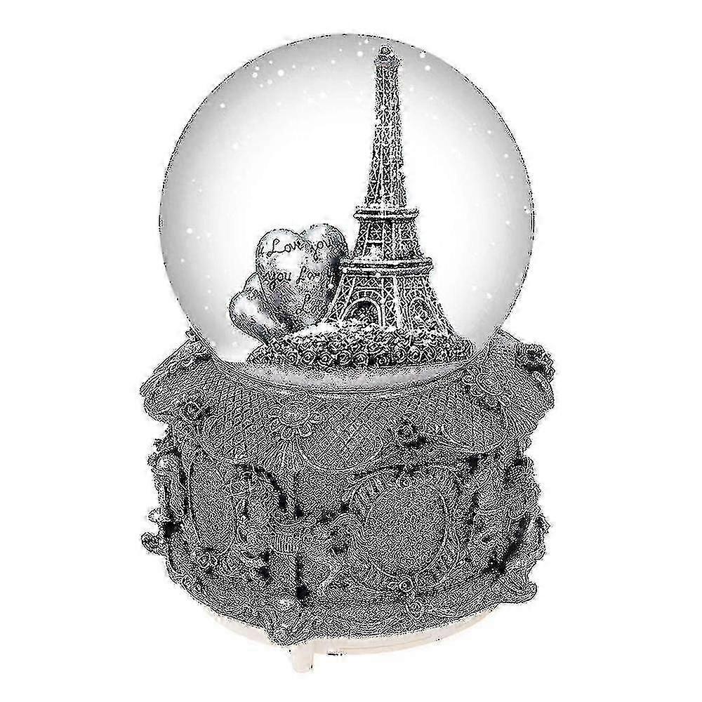 Paris Eiffel Tower Snow Globe Music Box With Automatic Snowfall And Colorful Lights, 100mm 6" Tall JU