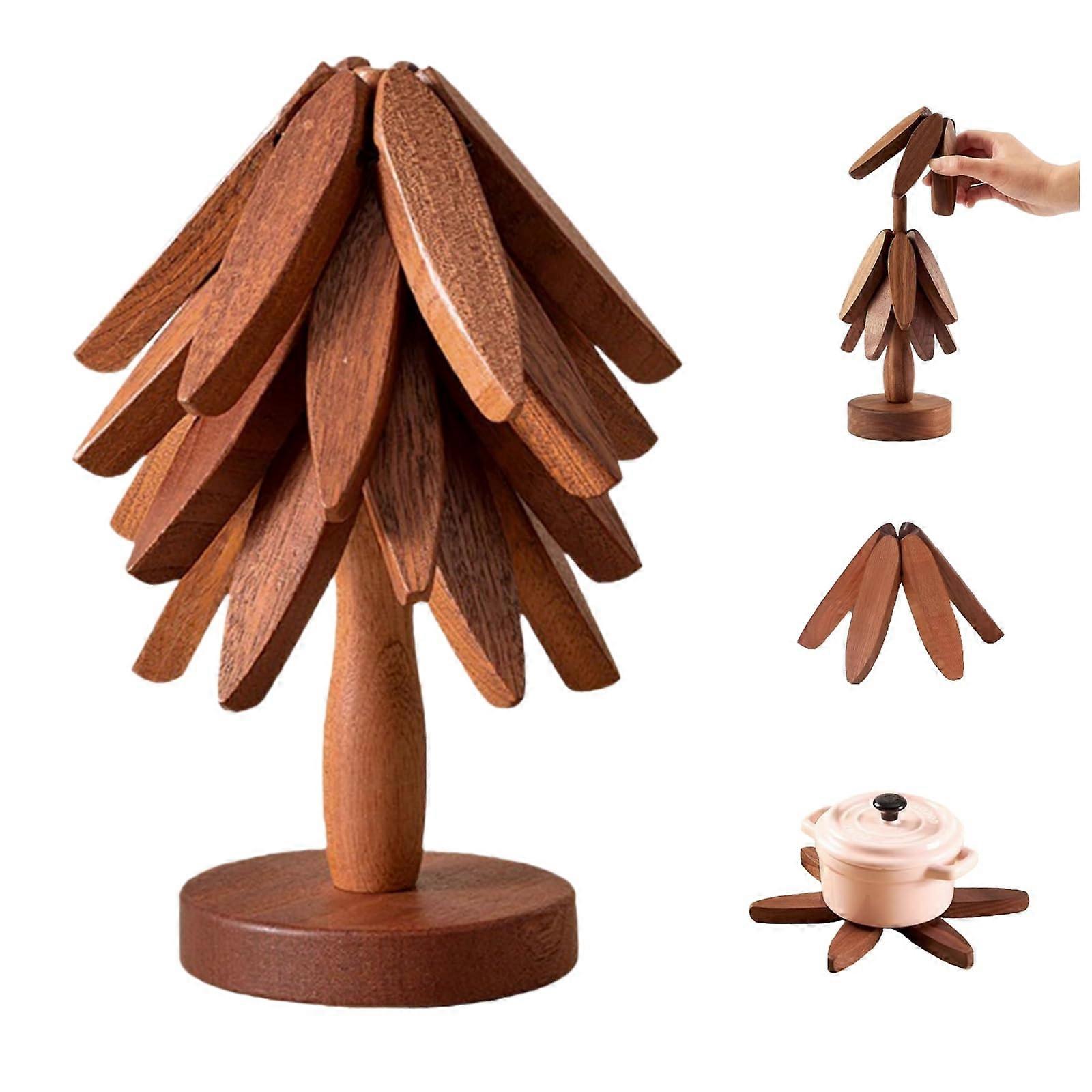 Natural Wooden Trivets Coasters Christmas Tree Trivet Set Foldable Trivet Stand Heat Resistant Potholders Walnut