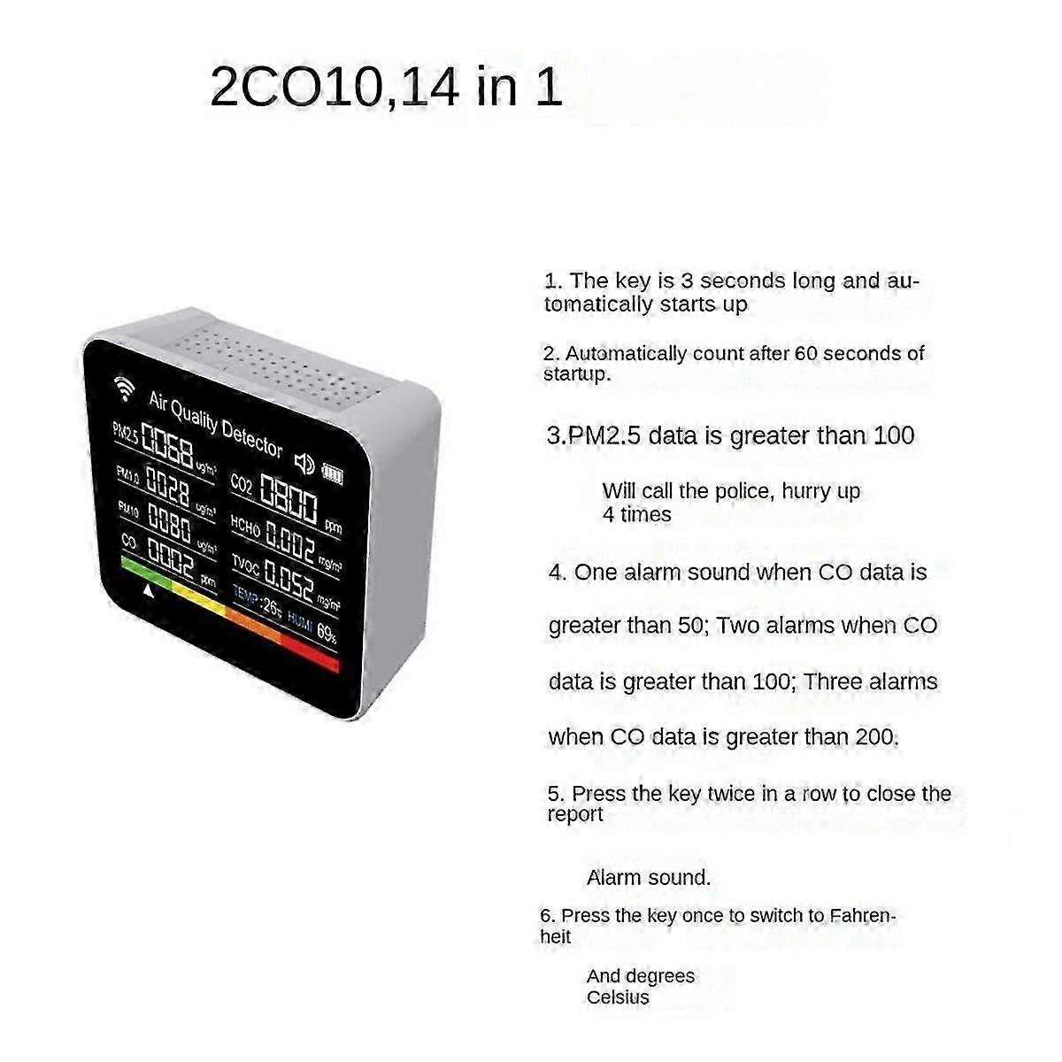 14 in 1 Air Quality Monitor Tuya WIFI CO/CO2 Detector Real Time Monitoring BIG Display Home Air Test Kits APP Control A