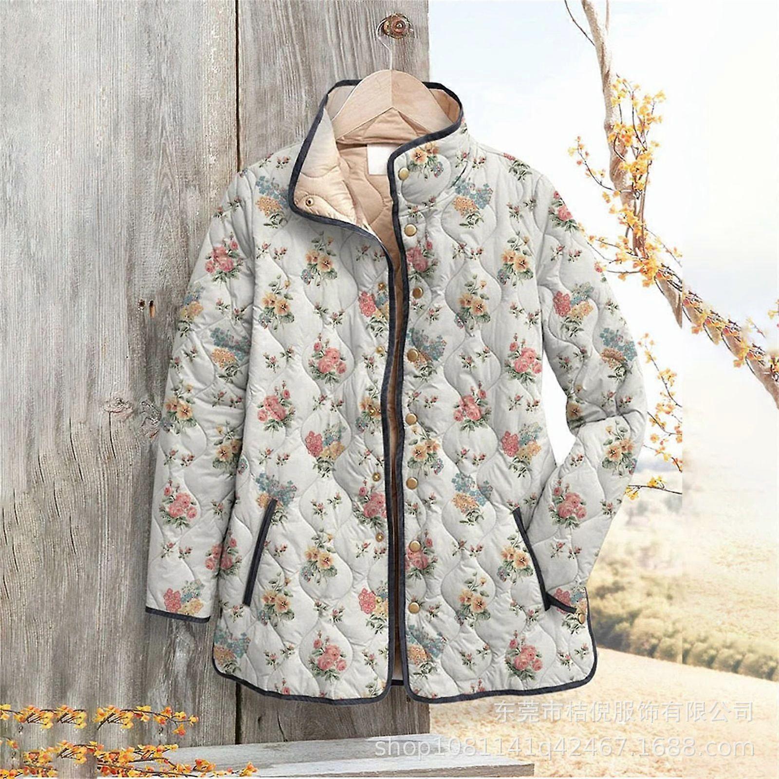 Women's sweatshirt with stand-up collar, padded design, floral pattern, 6-button details, warm winter blouse