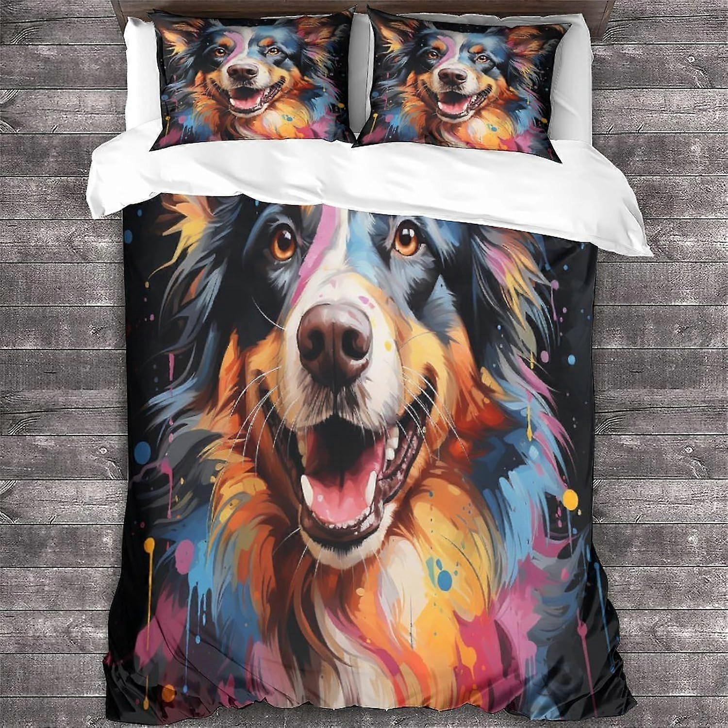 LikeEj Border Collie الفراش غطاء لحاف 3D طباعة الفراش غطاء المعزي للمراهقين ستوكات 3 قطعة غطاء لحاف مزين بالملك