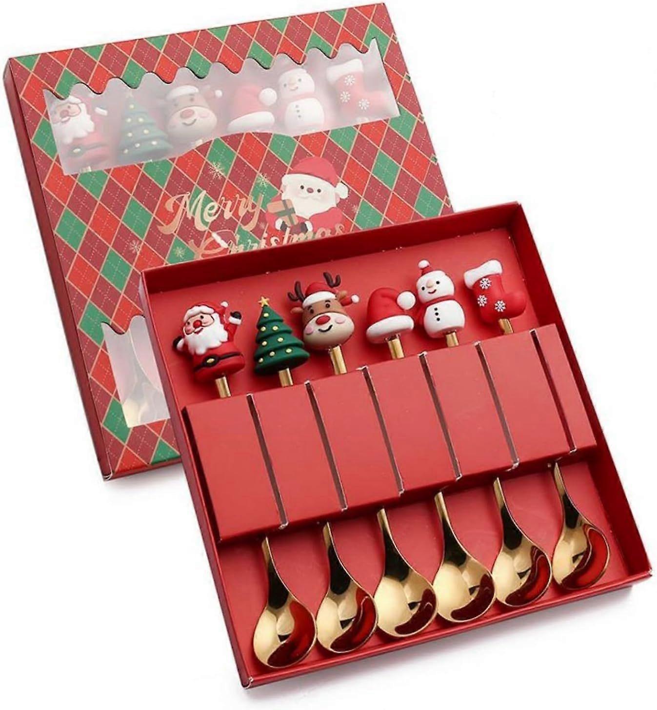Elegant Christmas Tree Utensil Set, 6-Piece Spoon and Fork Collection for Holiday Dining, Festive Tableware Gift Box, Red and Gold