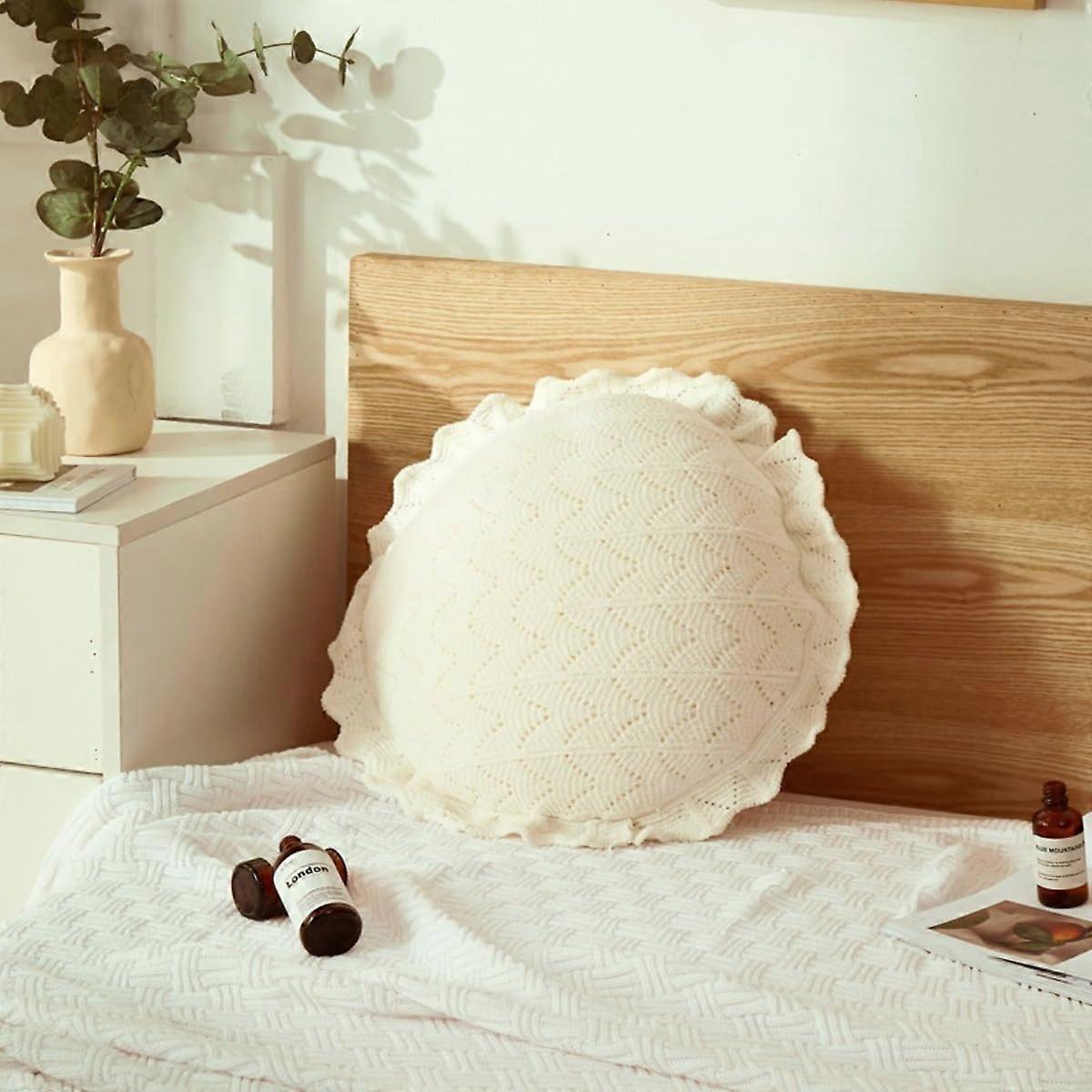 Round Chenille Throw Pillow with Frilly Design, Soft Decorative Cushion for Sofa and Bed, White 17.7 inch