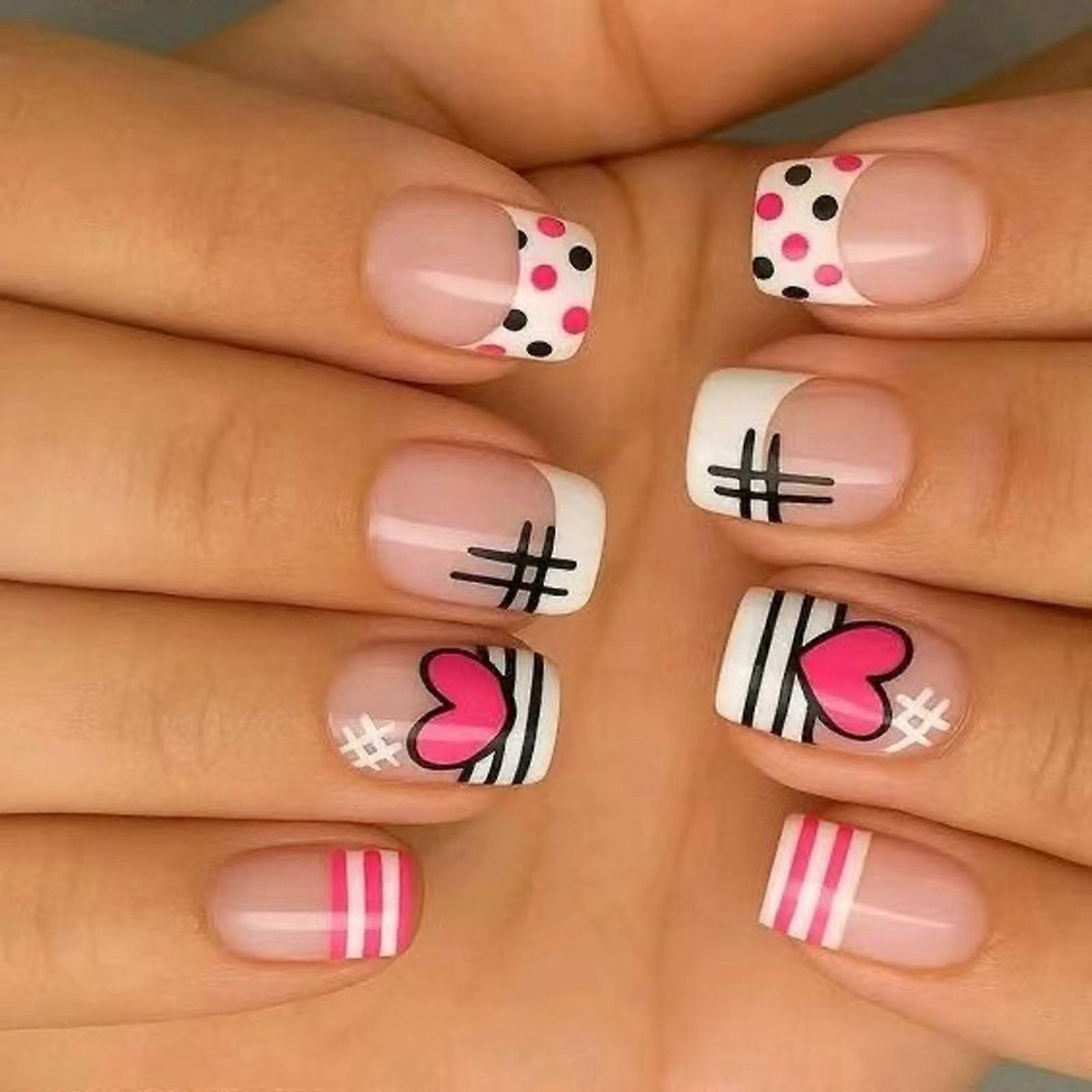 Romantics Valentines French Manicure Press On Nail Featuring Heart and Dot Design for Special Occasions Short Square Shape Multicolor