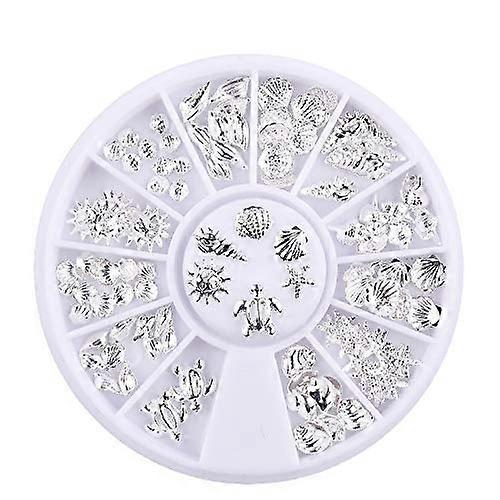 Nail Art Decorations 12 Grids Mixed Ocean Theme 3D Nail Studs Silver Sea Shell Starfish Turtle