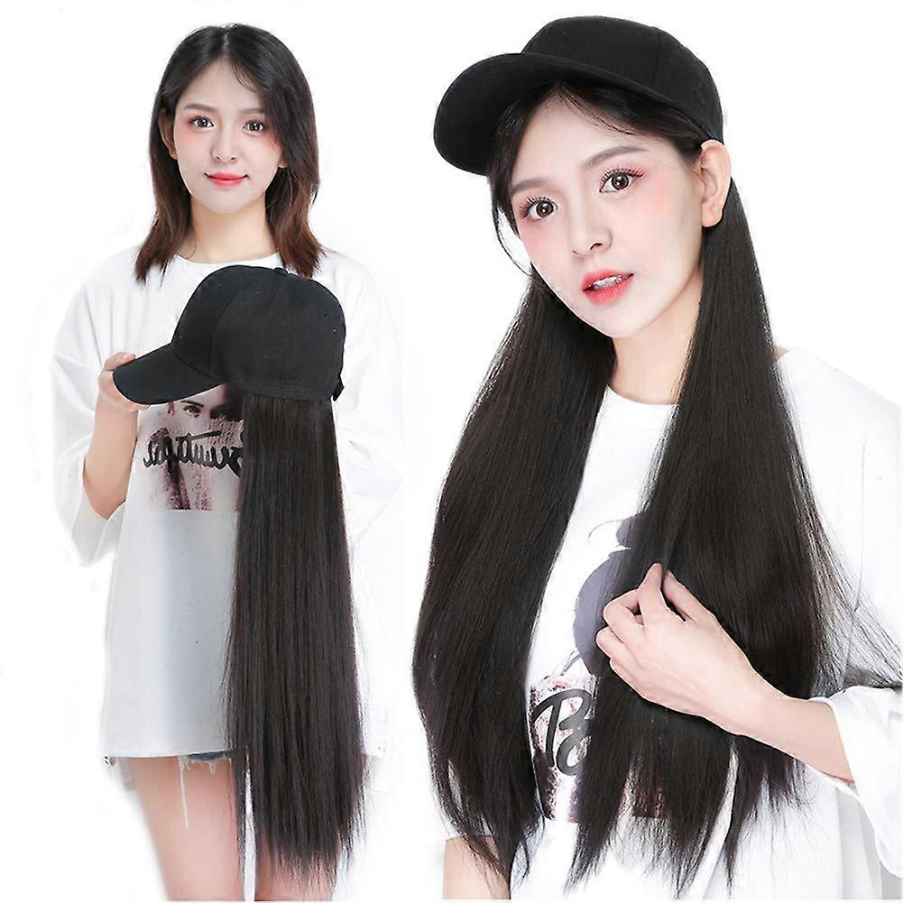 Baseball Cap Wig with Long Straight Dark Brown Hair Extensions White Adjustable Hat 45cm