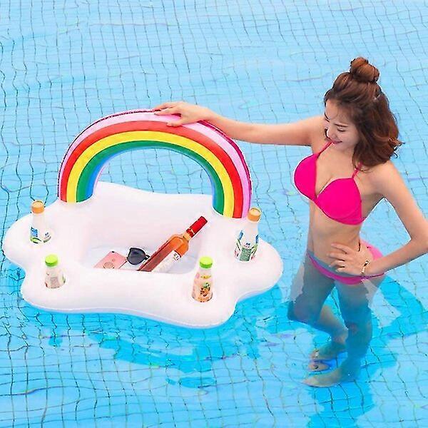 Inflatable Cup Holder, 4 Cups 1 Tray, Rainbow Cloud Pattern, Pool Party Floating Tray