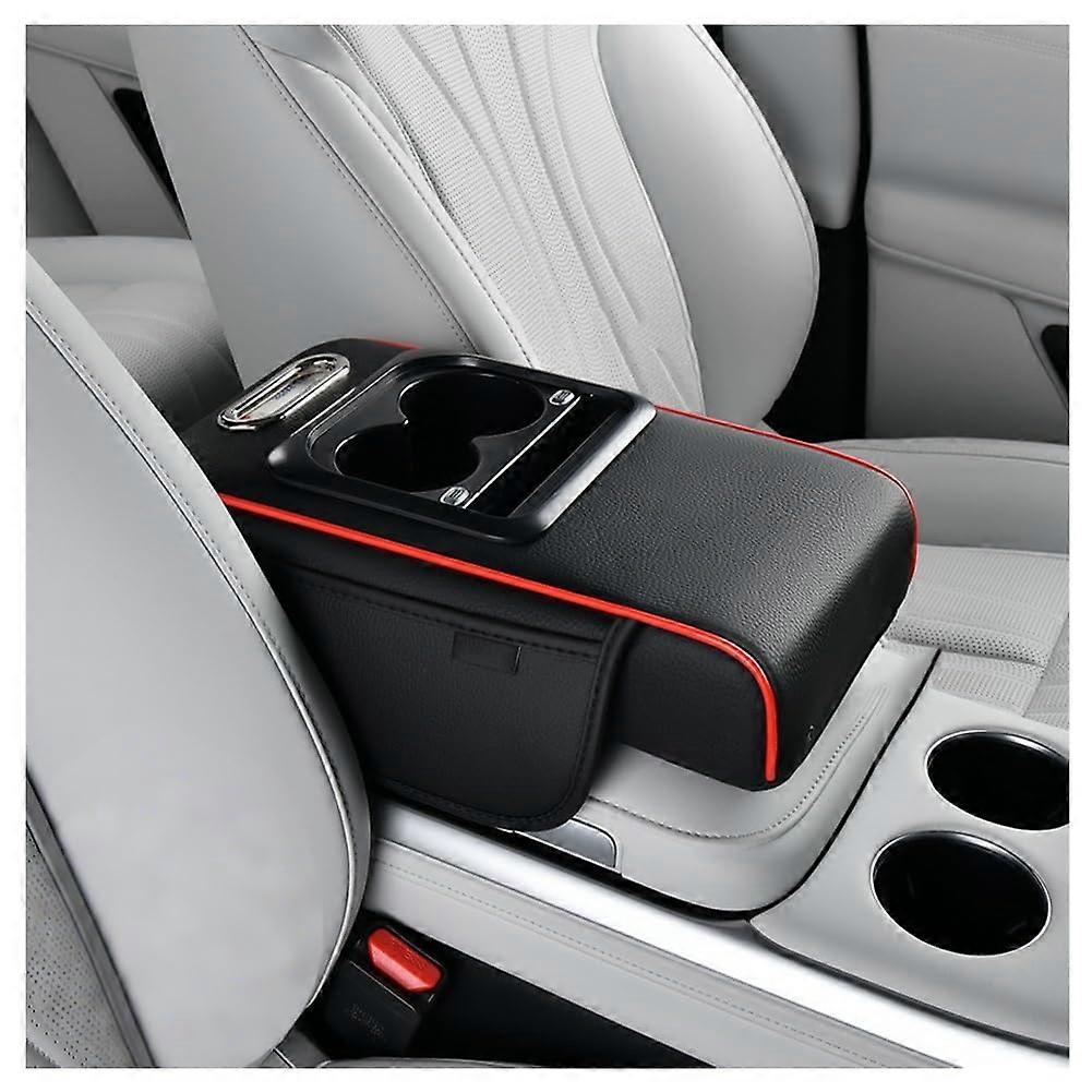 Car Armrest Organizer with USB Charging, Ergonomic Support, Cup Holders, Side Pockets, Black and Red