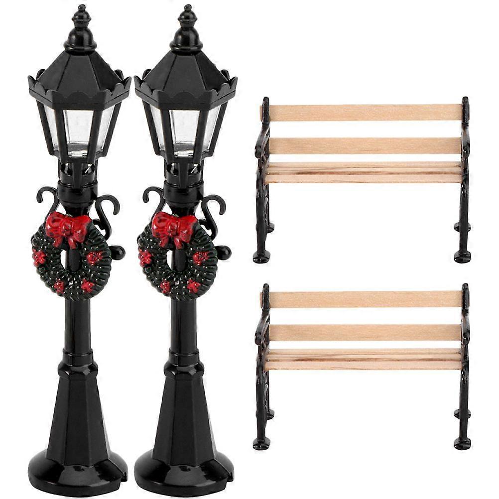 4pcs Miniature Street Light Mini Bench Set 1:12 Scale Tiny House Accessories