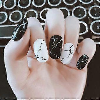 Black Marble Press on Nails 24PCS Long Glossy Full Cover Fake Nails for Women Easy Application
