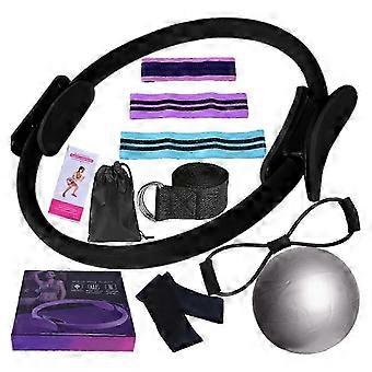 Fitnessset voor vrouwen met ring, bal en weerstandsbanden, geschikt voor thuisgebruik.