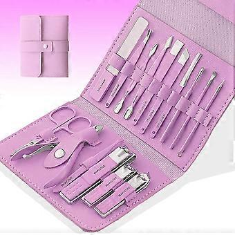 Manicure set,  16 in 1 nail clippers scissor tweezer knife ear spoon tools file professional grooming care manicure pedicure set with PU leather case 