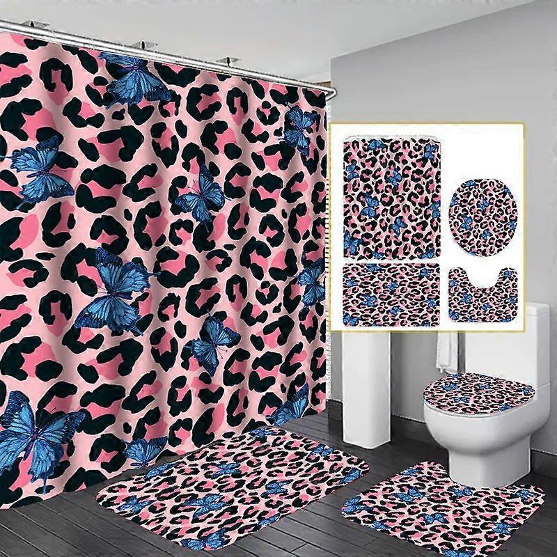 Pink Leopard Butterfly 4 Pcs Shower Curtain Set