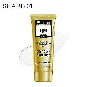 Protetor solar com colágeno, cor, toque seco, FPS 90+ PA++++, 60ml, multivitamínico, proteção UVA/UVB de amplo espectro, cobertura leve, para uso diário no rosto e corpo.