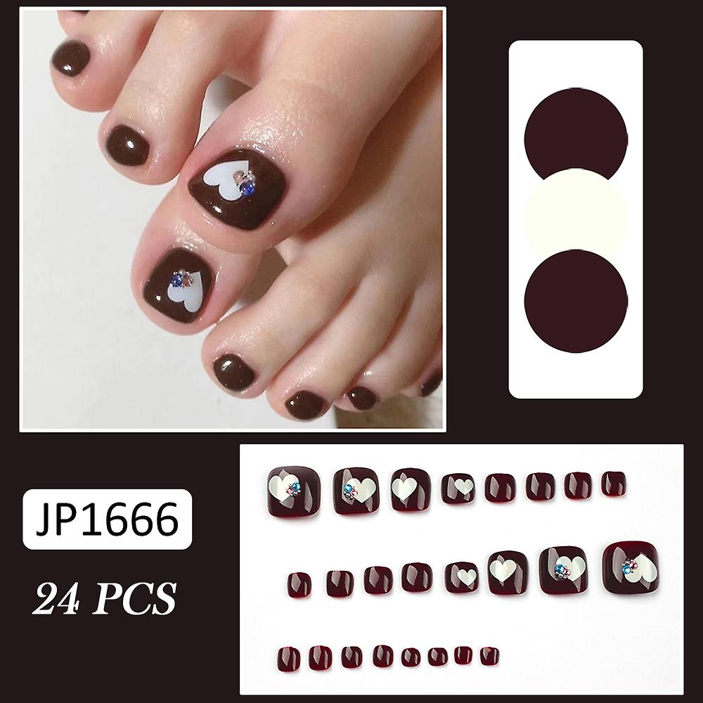 24pcs Brown False Toenails Love Heart Pattern Fake Nails