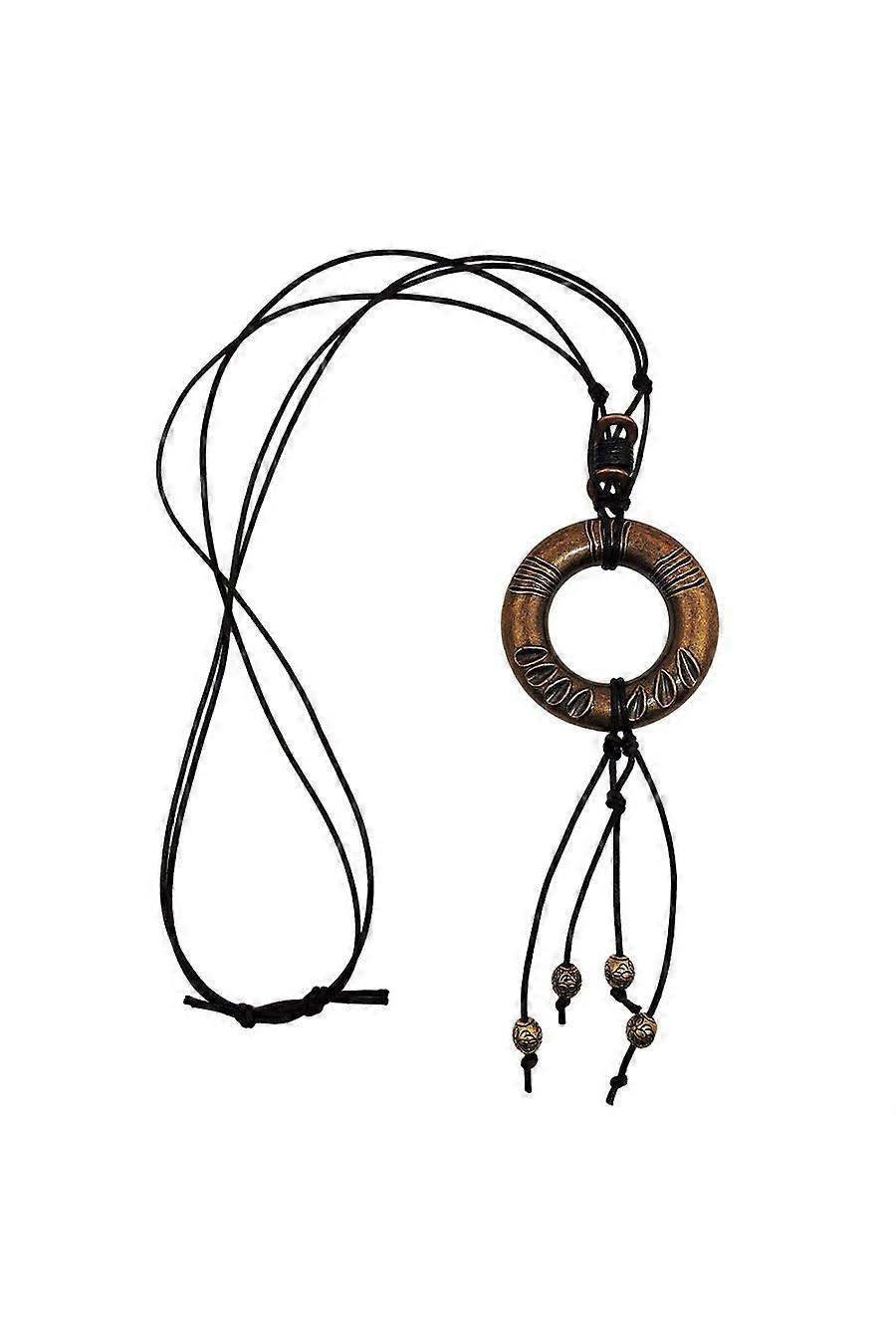 Necklace Antique Brass Ring Black Cord - Gl01455