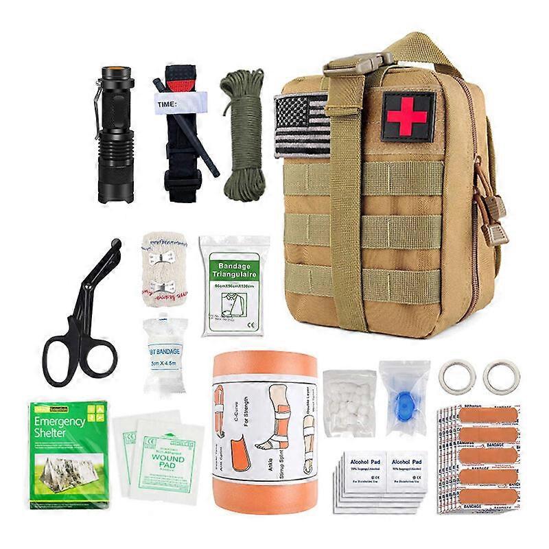 مجموعة الإسعافات الأولية العسكرية التكتيكية الكاملة الجمعية في معايير الاتحاد الأوروبي CE + مجموعة صغيرة + حزام + حامل القراد + حزام البقاء على قيد الحياة - مصممة للمشي لمسافات طويلة والسفر و airso