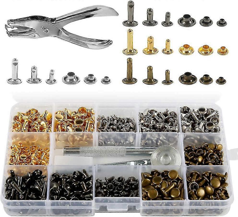 360 Leather Rivets Set Double Cap,3 Sizes Metal Tubular Rivet With Punch Pliers And 3 Pieces Fixing Tools For Leather Repair Replacement Rivets Decora
