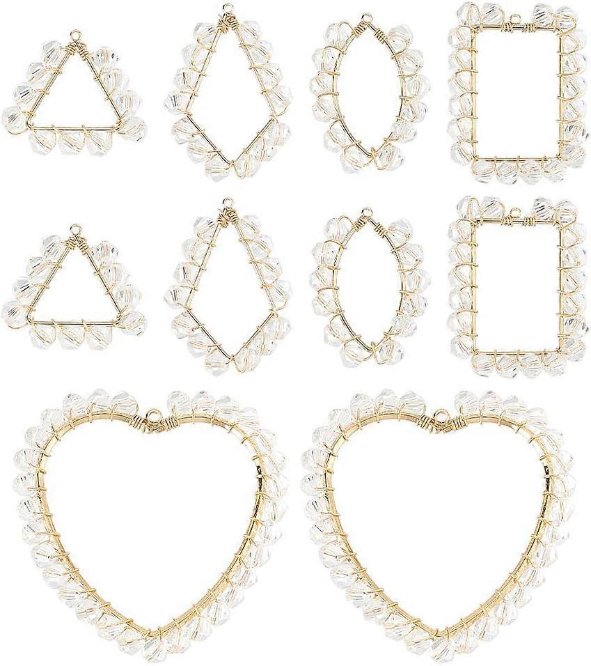 10 Pcs 5 Styles Mixed Shaped Open Bezel Pendants Glass Jeweled and Brass Wire Wrapped Hollow Charms Rhombus Triangle Heart Shaped Blank Frame Charms f