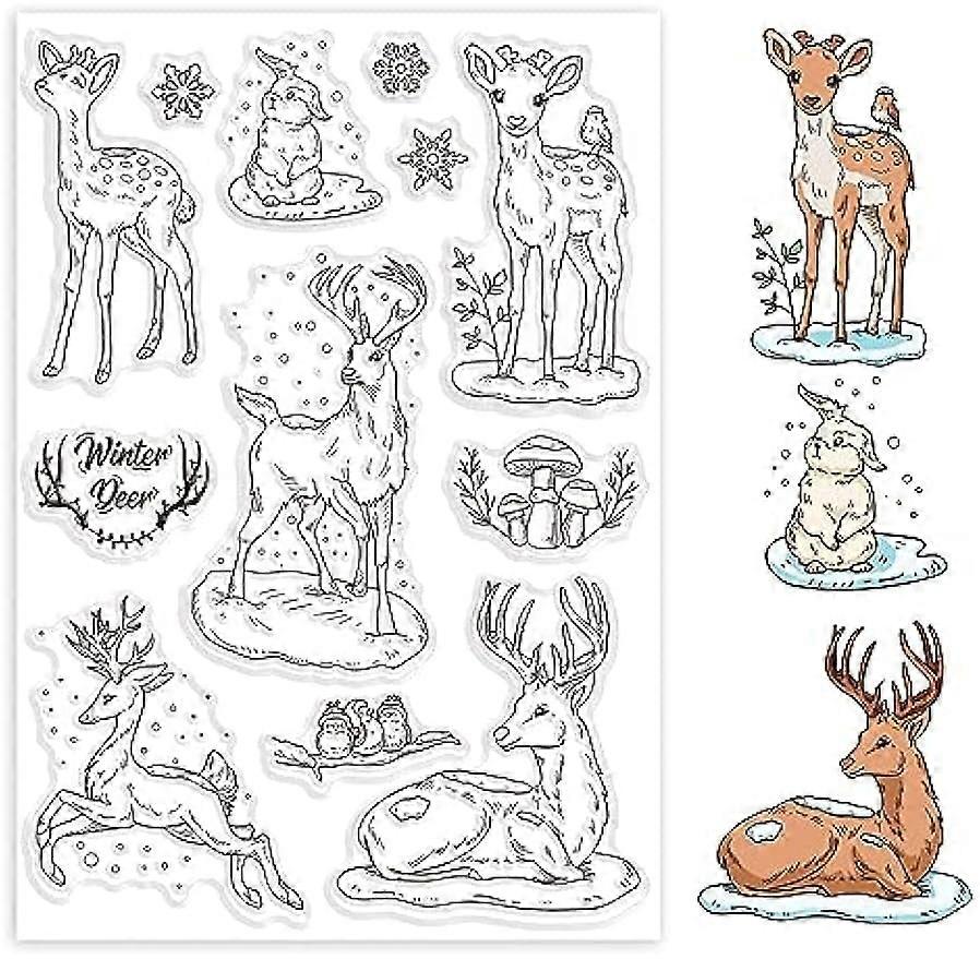 Christmas Winter Deer Rabbit Transparent Clear Stamps Snowflake Animal Embossing Stamp Sheets Silicone Clear Stamps Seal for DIY Scrapbooking and Card
