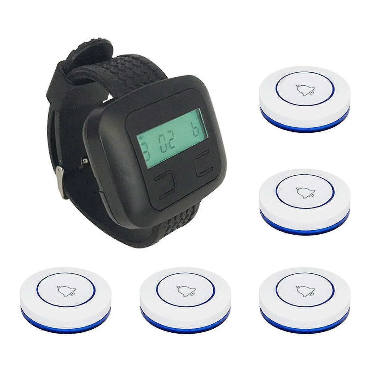 Wireless Restaurant Calling System 5Table Call Button Transmitters 1Watch Pager, Restaurant Waiter Service Bell Buzzer B