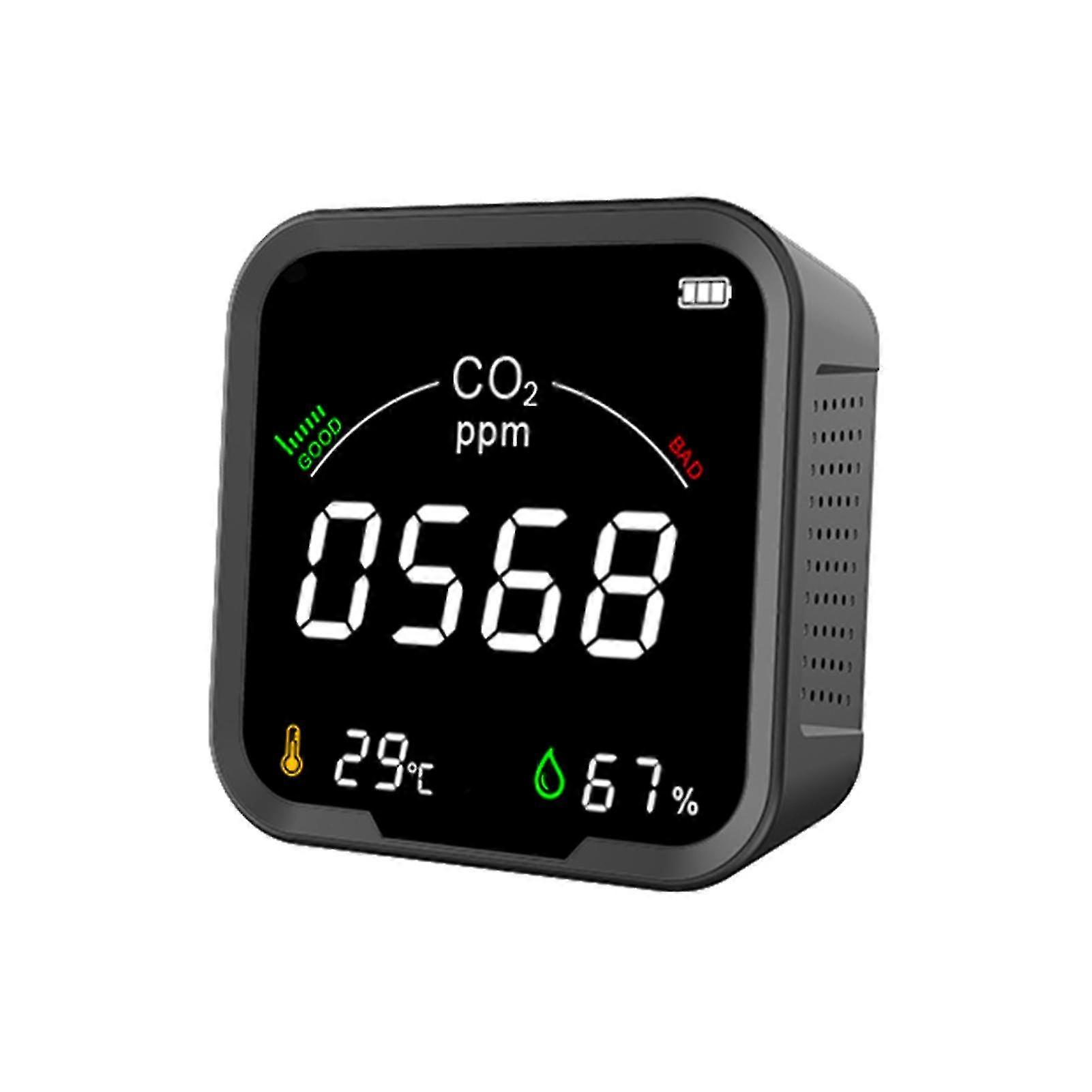 Black Infrared Carbon Dioxide Meter 400-5000ppm Co2 Detector Air Quality Monitor Temperature Humidity Tester Wall Mountable Large Screen Built-in Batt