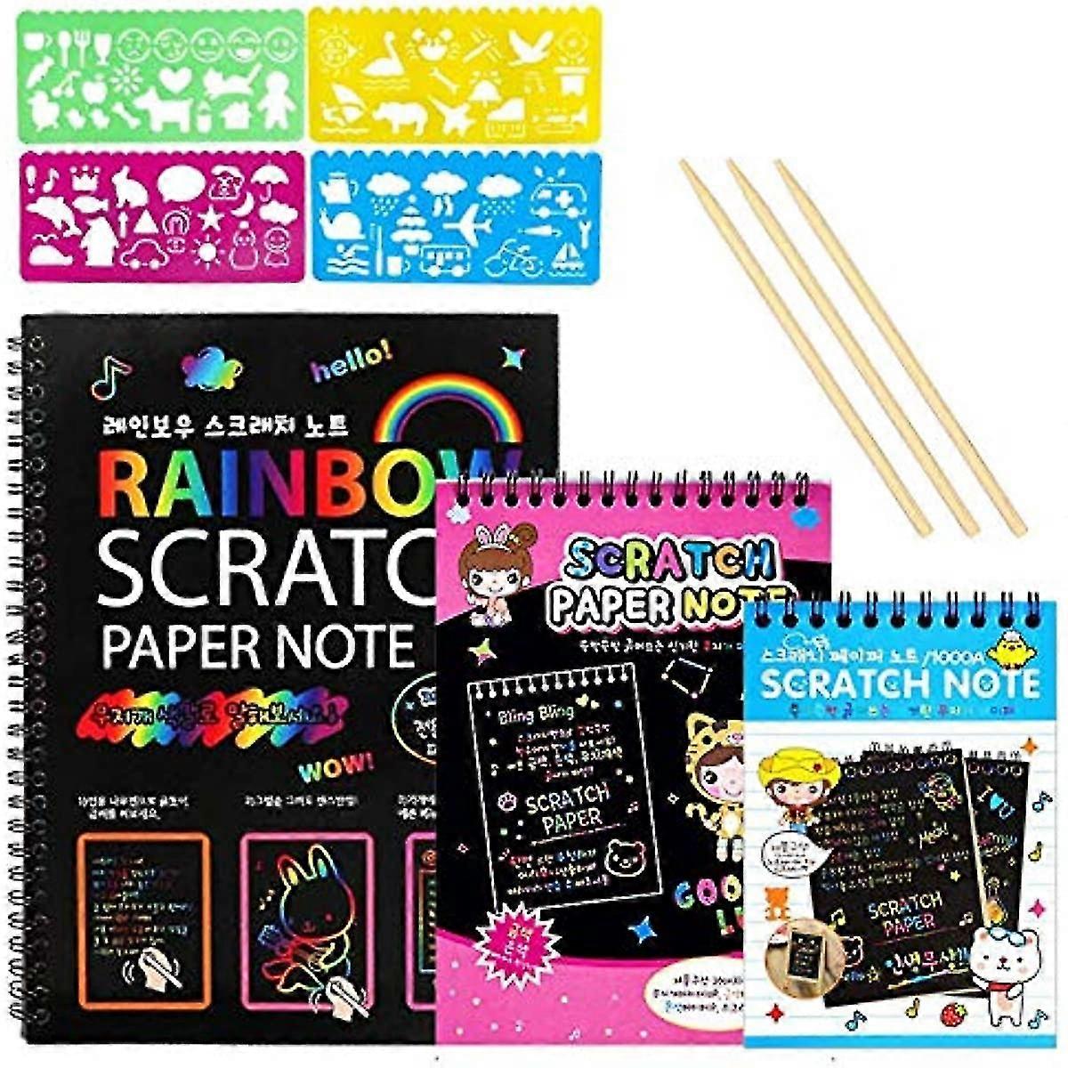 Scratch Art Note Paper For Kids 3 Packs Scratch Art Notes Rainbow Scratch Art Book Combo Art Crafts Set Magic Scratch Paper Pads With 3 Wooden Stylus