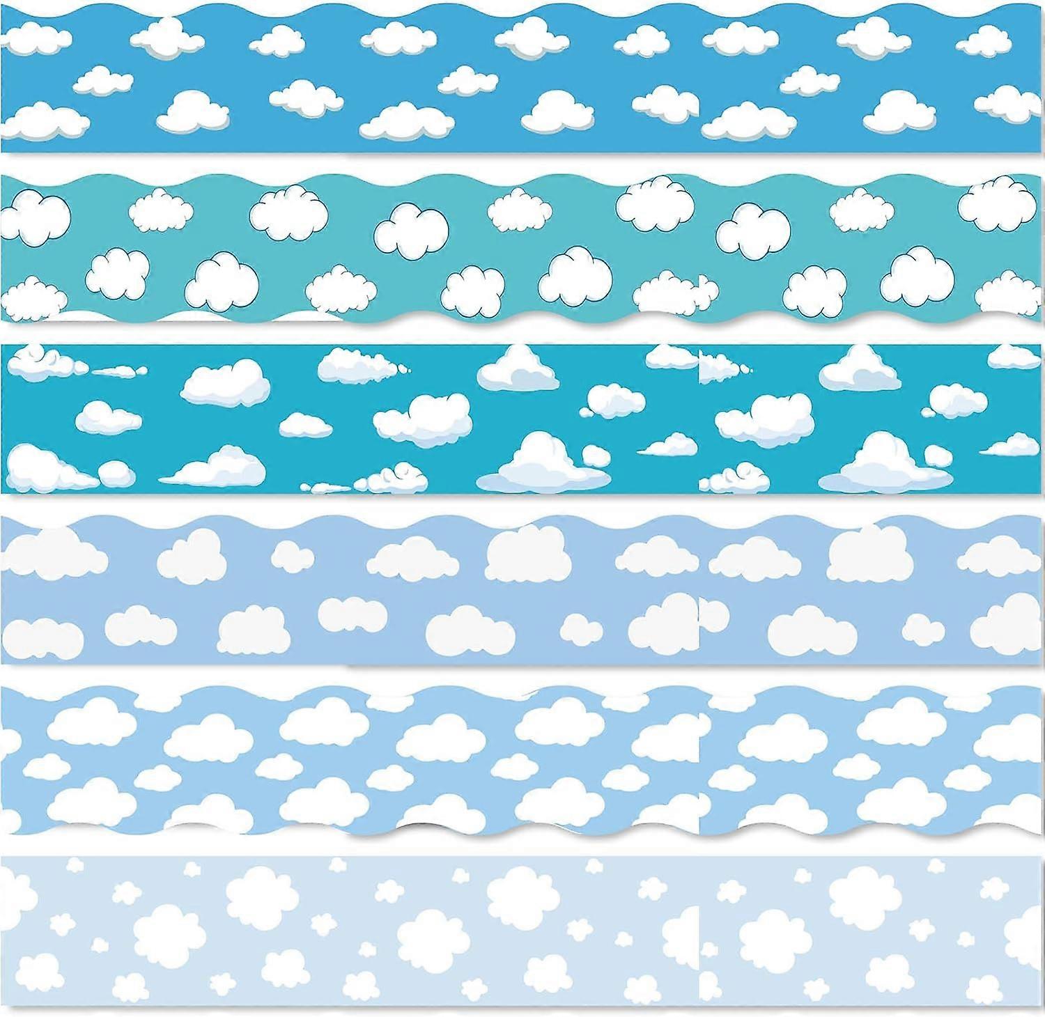 6 Style Bulletin Board Border Stickers 68.86ft Blue Sky Clouds Classroom Self-Adhesive Scalloped Die Cut Borders Trims School Office Office Chalkboard