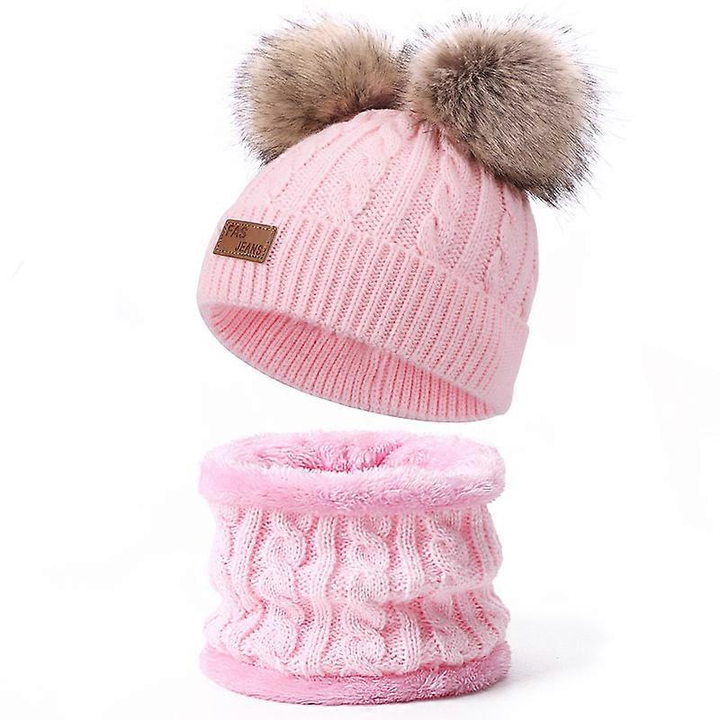 Toddler Wool Scarf and Hat Set Winter Twisted Double Pompom Knitted Hat Pink