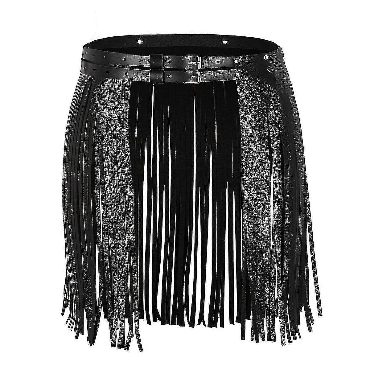 Dam Faux Läder Fringe Tofs Kjol - Justerbart midjeband Bälte Dance Club Kostym