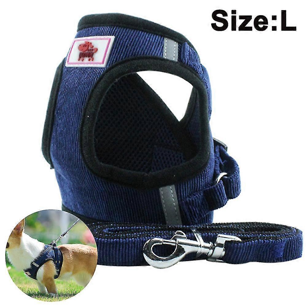 犬用リード付き犬用ハーネス、中型および小型犬用ソフトメッシュチェストハーネス/猫-ネイビーブルー-l