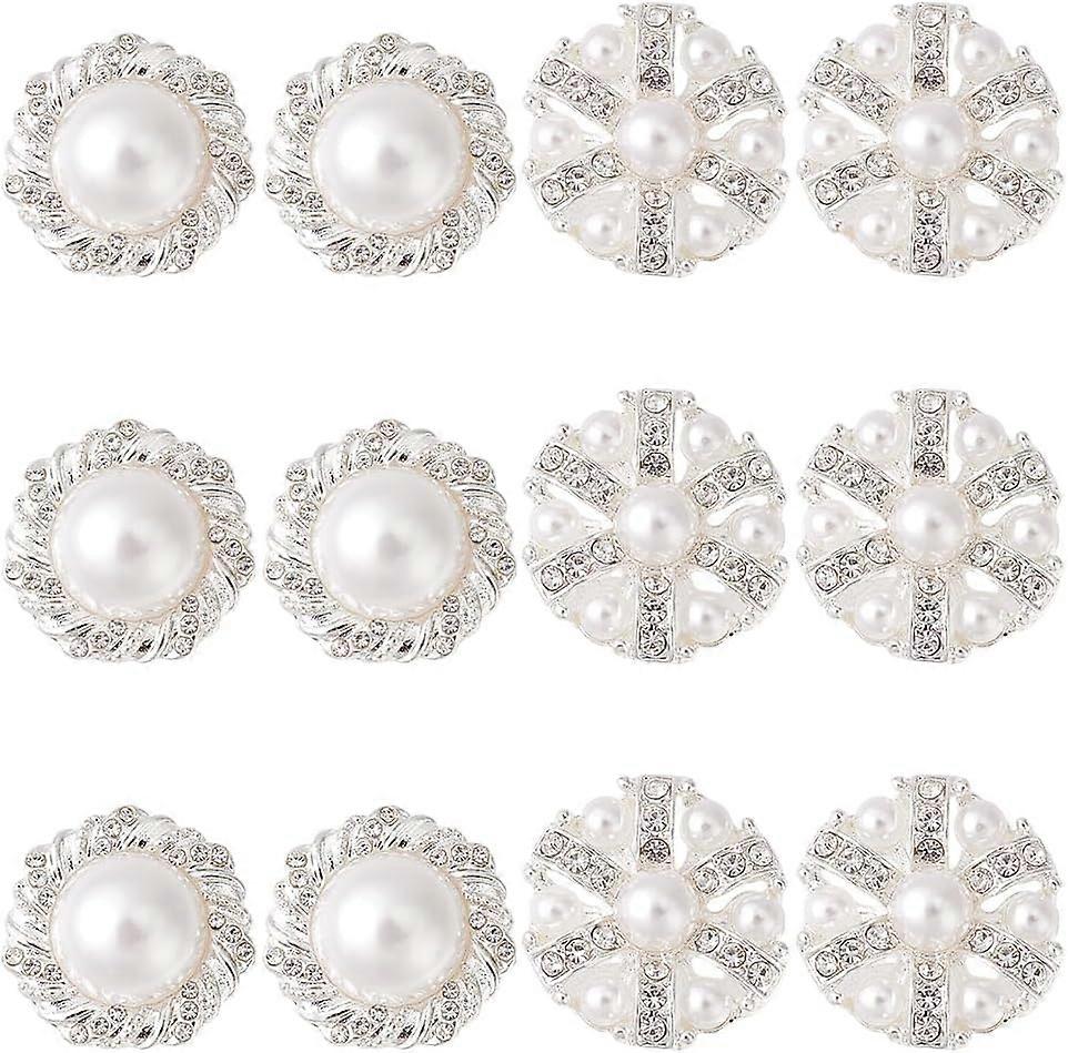 12Pcs 2 Styles Alloy Rhinestone Shank Buttons with Plastic Imitation Pearl Flower Silver 22.5~26x12~13mm Hole: 2mm 6pcs/style