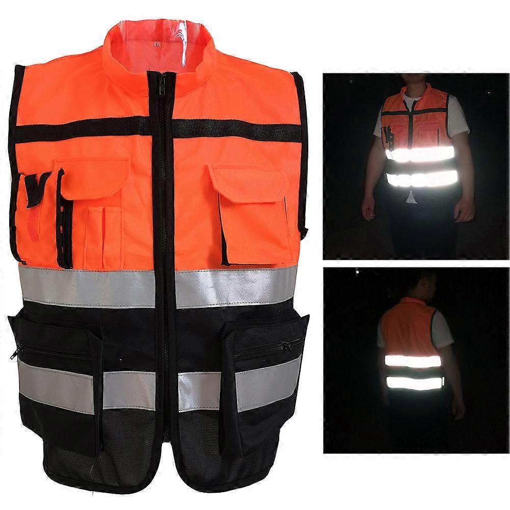 2023 New Reflective Safety Vest with Zipper for Running, Cycling and Construction Work - Orange/Black, L