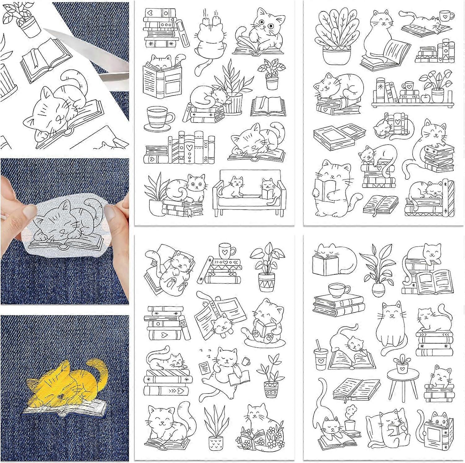 4 Sheets Book Reading Cat Stick and Stitch Water Soluble Stabilizer for Embroidery Adhesive Hand Sewing Stabilizers Non-Woven Fabrics Aid Drawing Sket