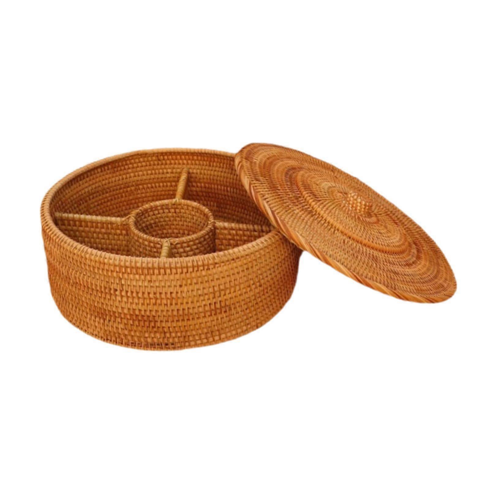 Runder Rattankorb mit Abdeckkasten Servierkorb für Süßigkeiten Obst 30cmx30cmx10cm