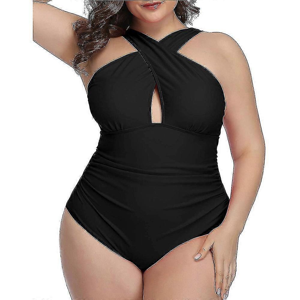 Womens Front Cross Plus Size OnePiece Swimsuits Tummy Control Swimwear-Black3X-L DFA1655