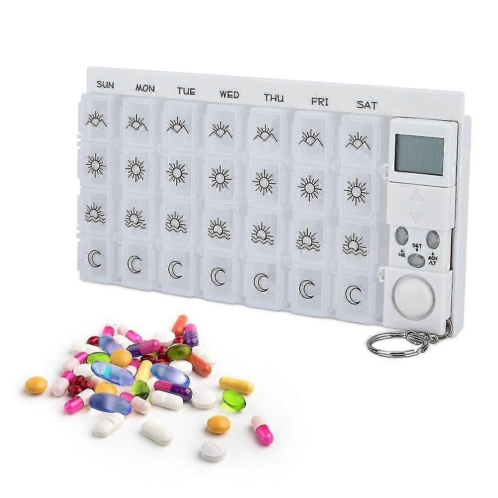 7 Days Pill Box Portable Medicine Case Organizer Led Timer Reminder 28 Grids Weekly Tablets Storage Pill Dispenser Alarm Clock