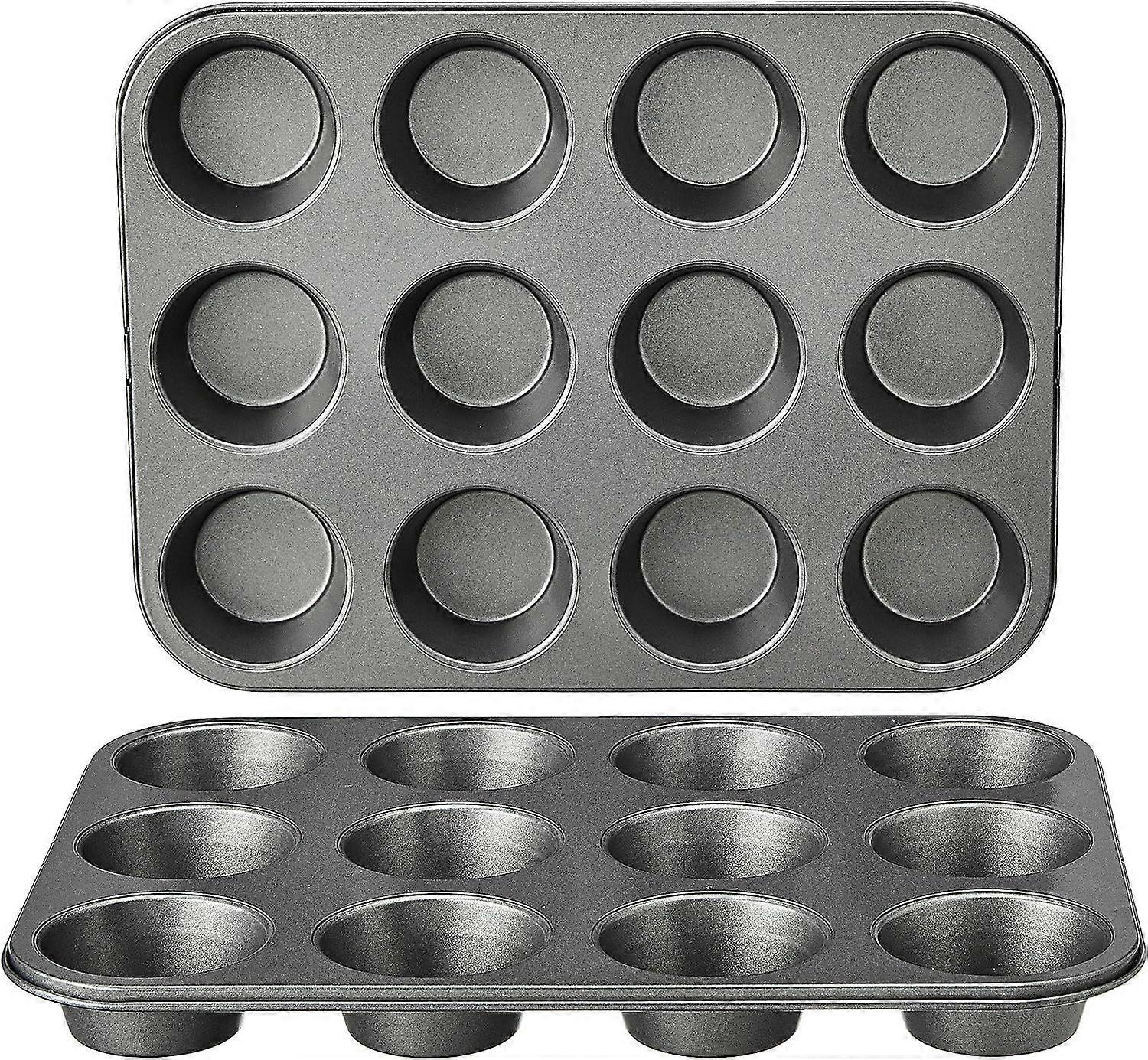 Set of 2 muffin pans, each designed for 12 muffins (24 muffins total): ideal for baking muffins, cupcakes, and more. The durable carbon steel construc