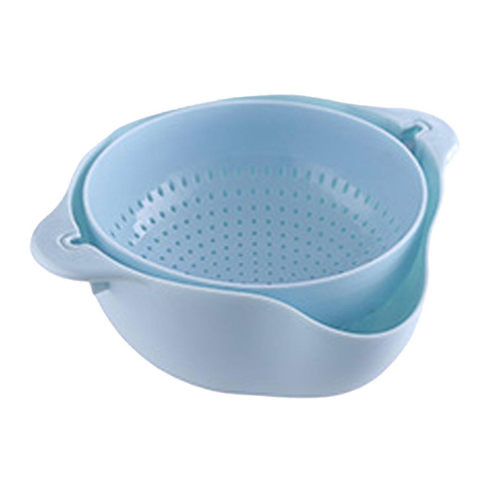Vegetable Washing Basket Rotating Double Layers Fruit Washing Drying Basket for Household Kitchen Blue