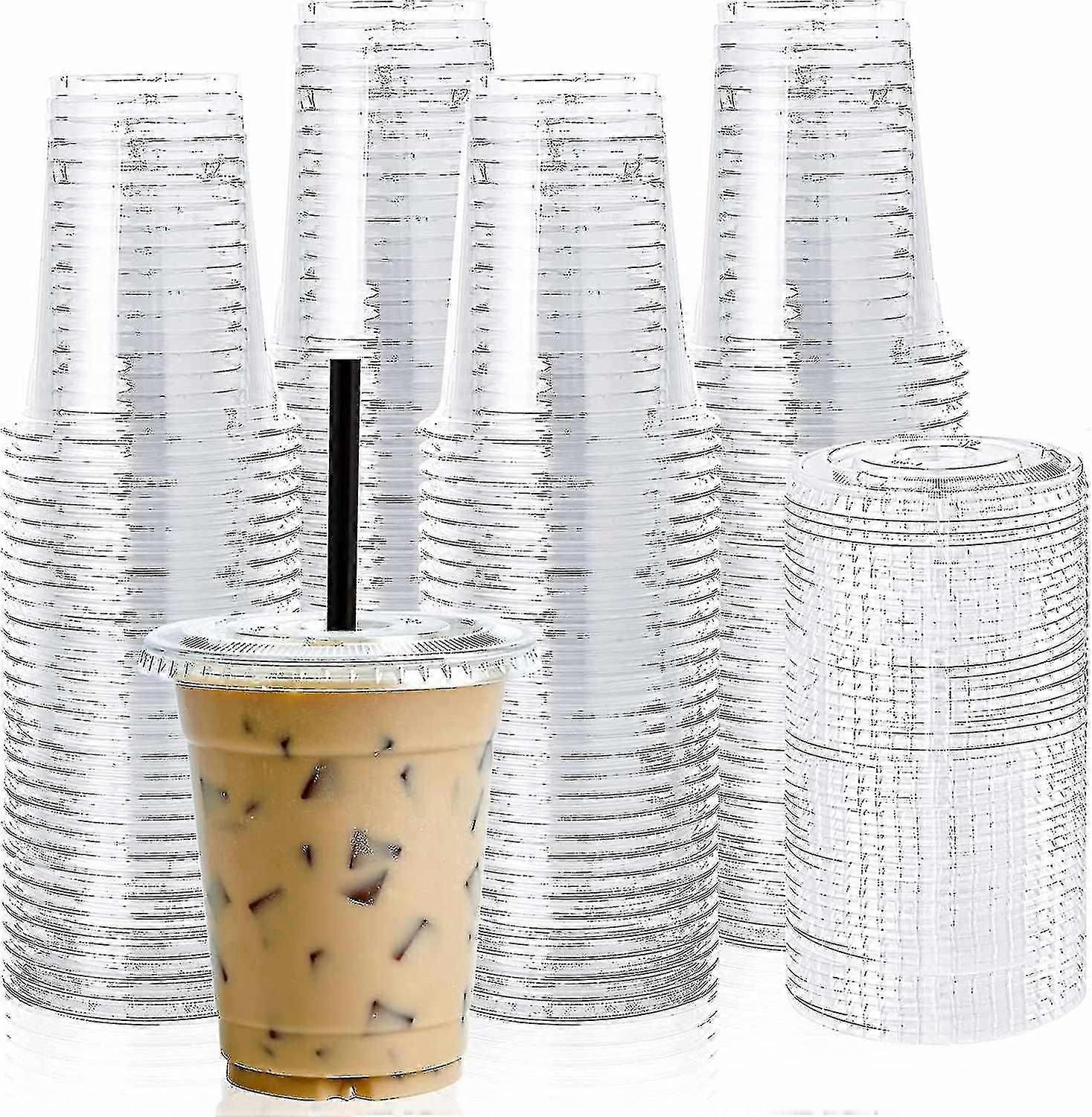 [100 Sets] 12oz Clear Plastic Cups with Flat Lids, Disposable Drinking Cups, 12 Oz Plastic Cups for