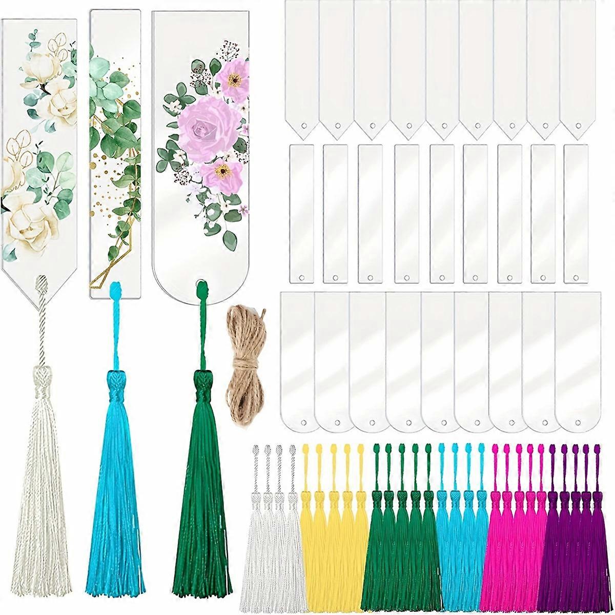 30PCS Acrylic Bookmark Blanks, Clear Craft Bookmarks with Tassels