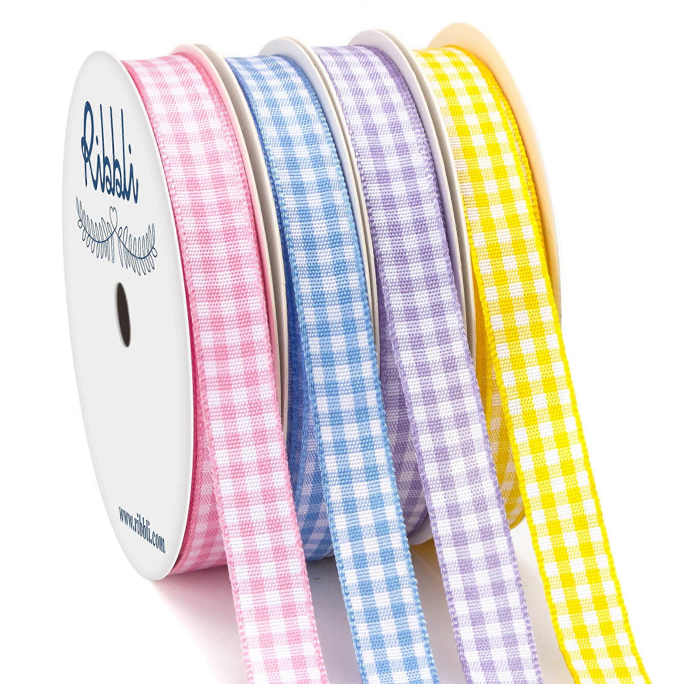 4 Rolls 3/8 Inch Gingham Ribbon, 40 Yards, Polyester (Lt.Pink/Lt.Blue/Lt.Purple/Yellow)