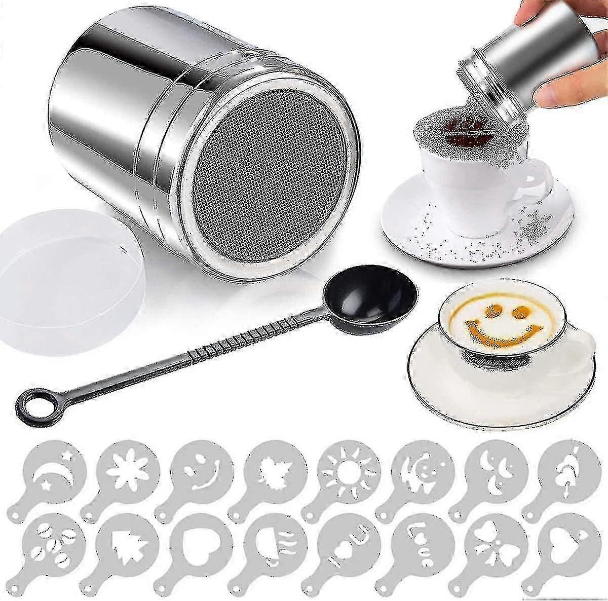 High Quality Stainless Steel Cocoa Shaker, Icing Sugar Shaker, Cocoa Shaker With Lid And 16 Coffee Cappuccino Templates For Cocoa Powder, Chocolate