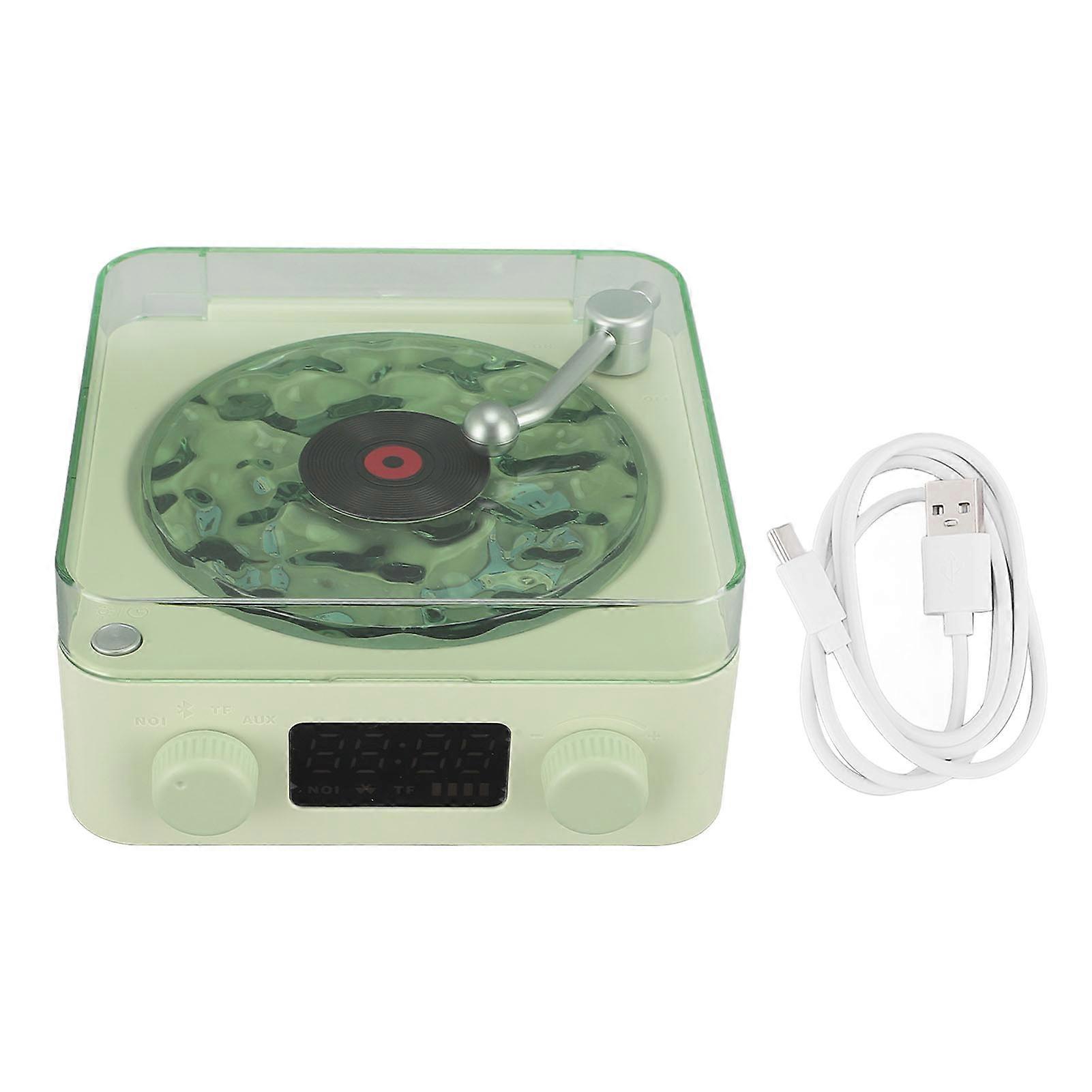 Turntable Style Bluetooth Speaker with Night Light and Time Display 3 in 1 Multifunctional Small Wireless Stereo Speaker Green
